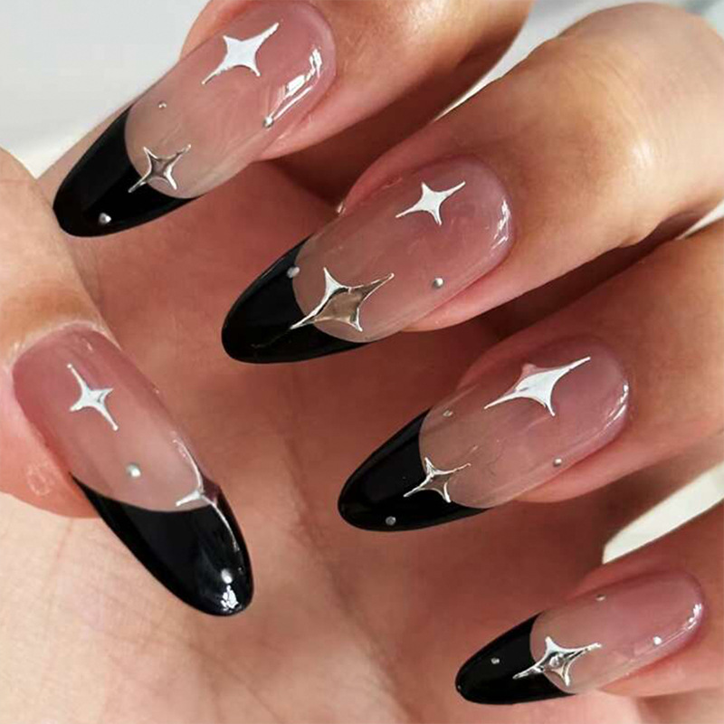 Nail Art Simple - 24pcs Black French Fake Nails Sets